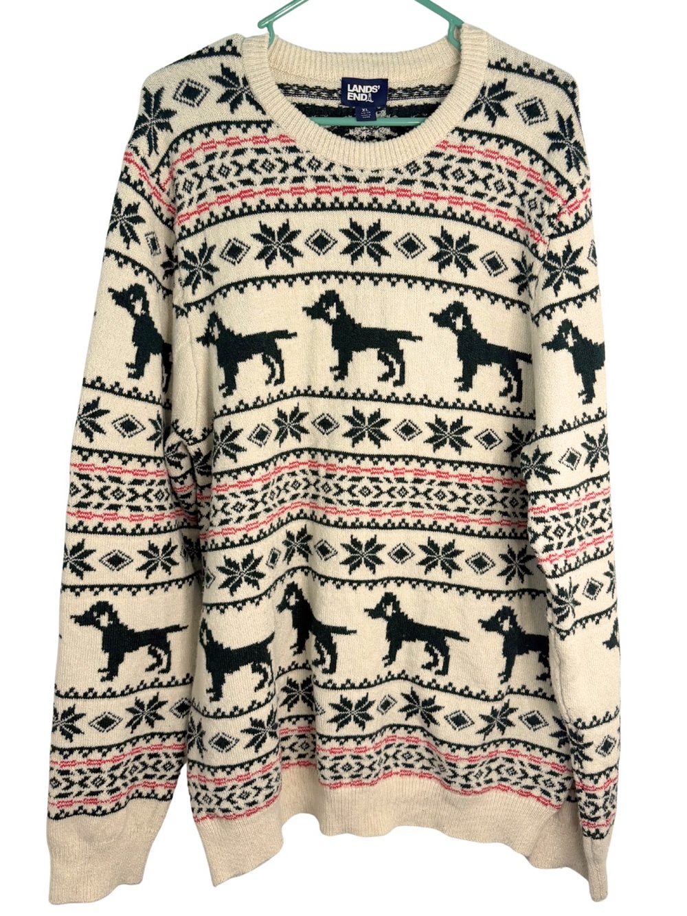 Lands' End Dog & Snowflake Fair Isle Crewneck Sweater Size XL